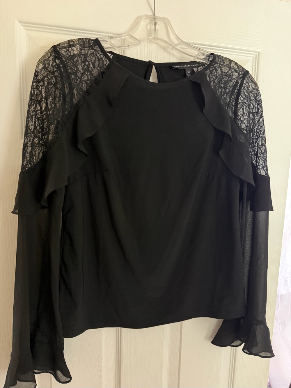 White House Black Market Black Lace Ruffle Long-Sleeve Top